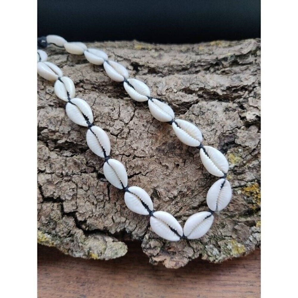 White Cowrie Shell Choker Necklace Black Cord Beach Jewelry